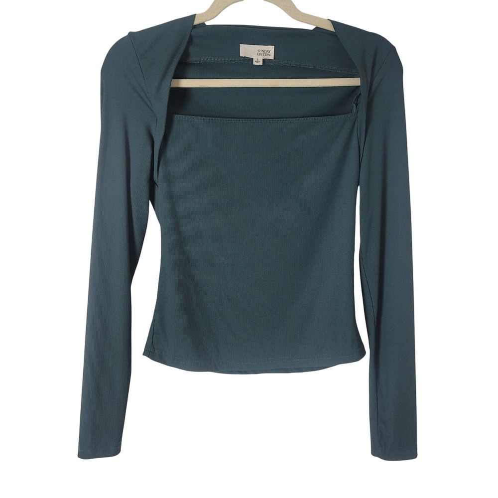 Sunday Edition Green Ribbed Long Sleeve Cutout Square Neck Top Womens Size Small